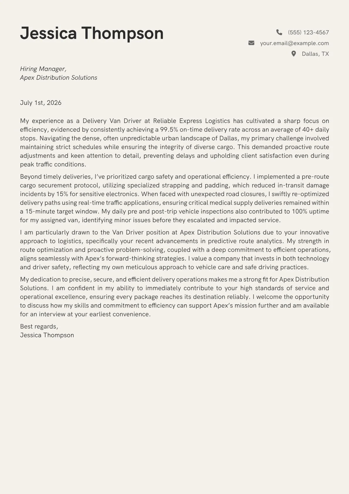 Van Driver cover letter formatted with a JobSprout template