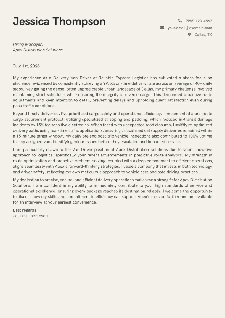 Van Driver cover letter example preview