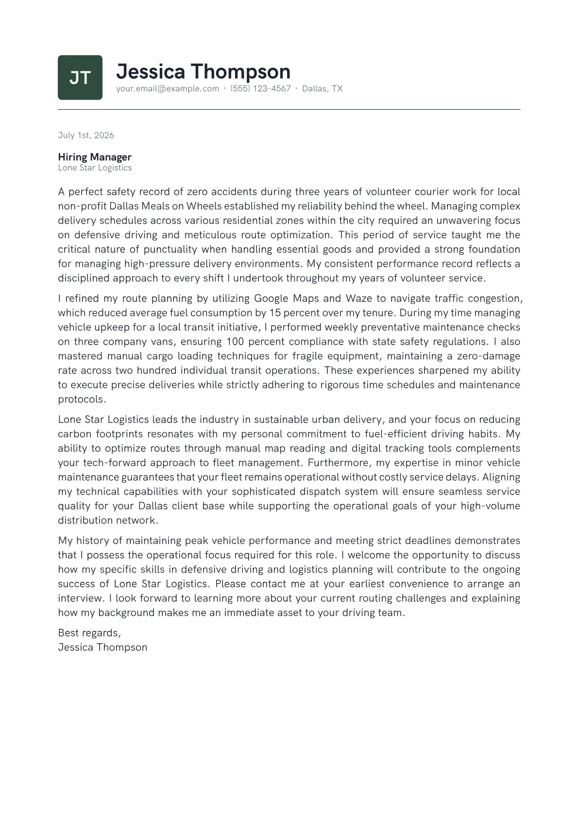 Van Driver cover letter in the Emblem design