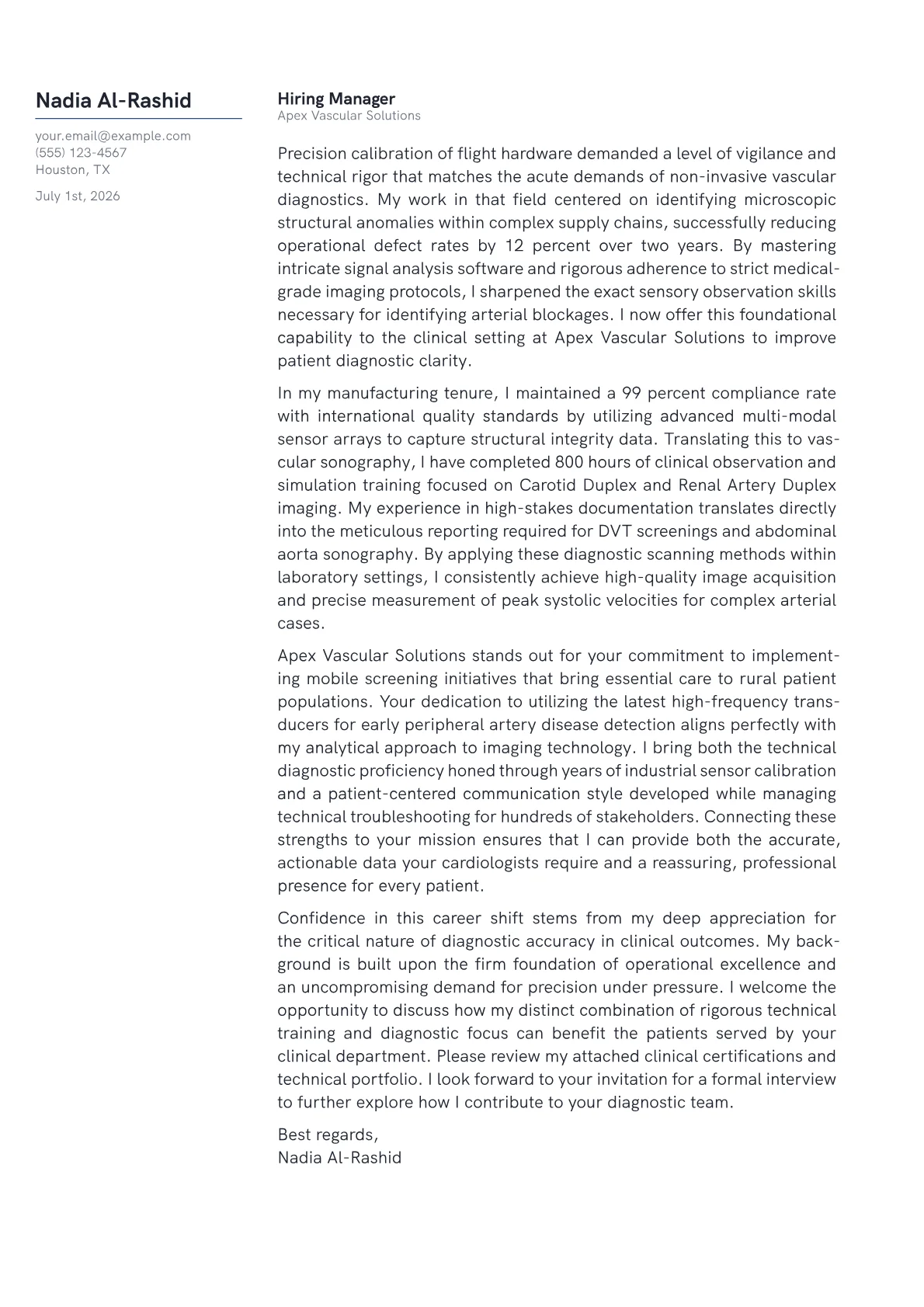 Deep Appreciation Examples Vascular Technologist Cover Letter Example + Template (2026)