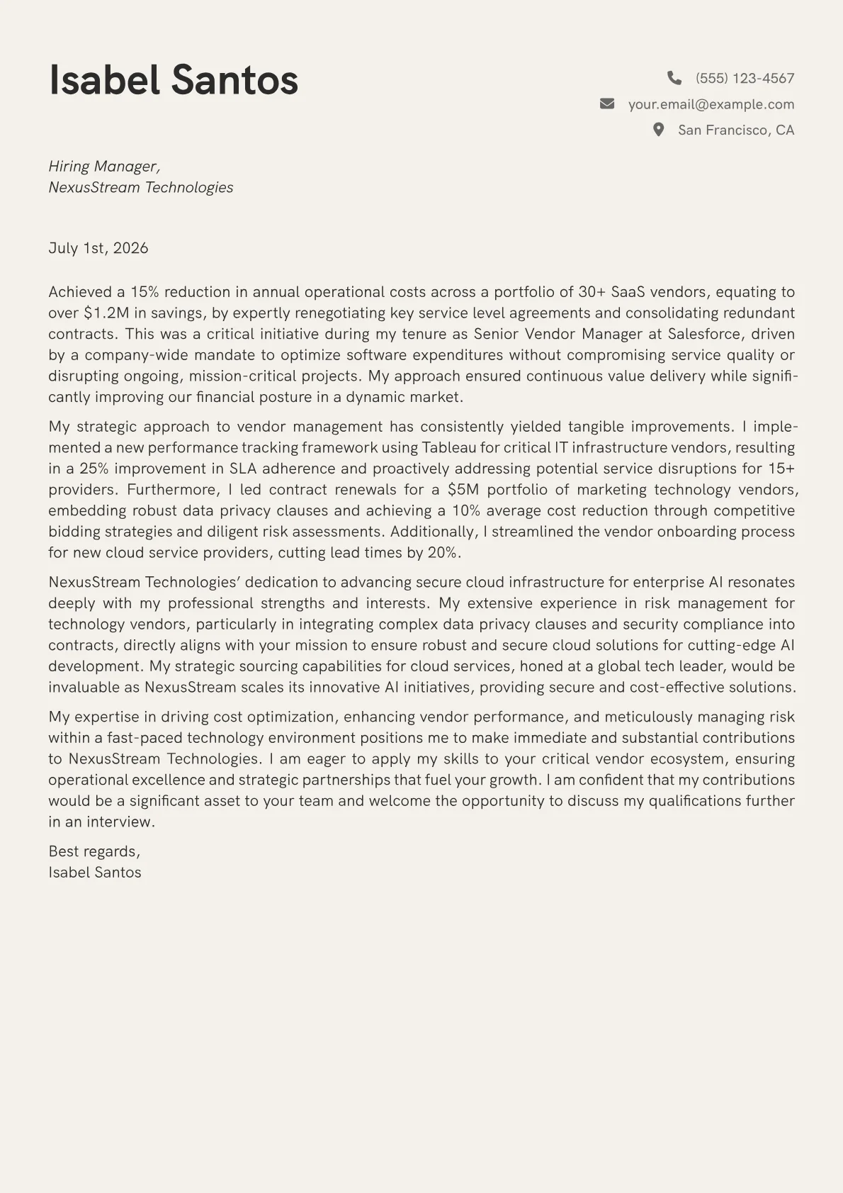 Vendor Manager cover letter formatted with a JobSprout template