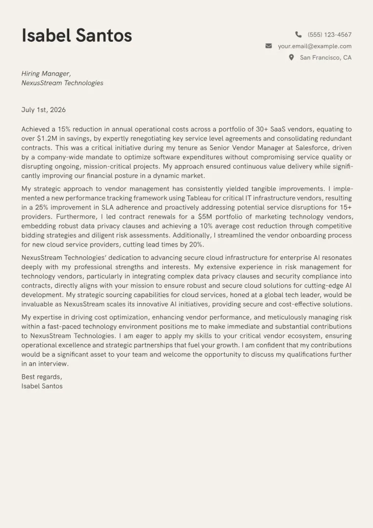 Vendor Manager cover letter example preview