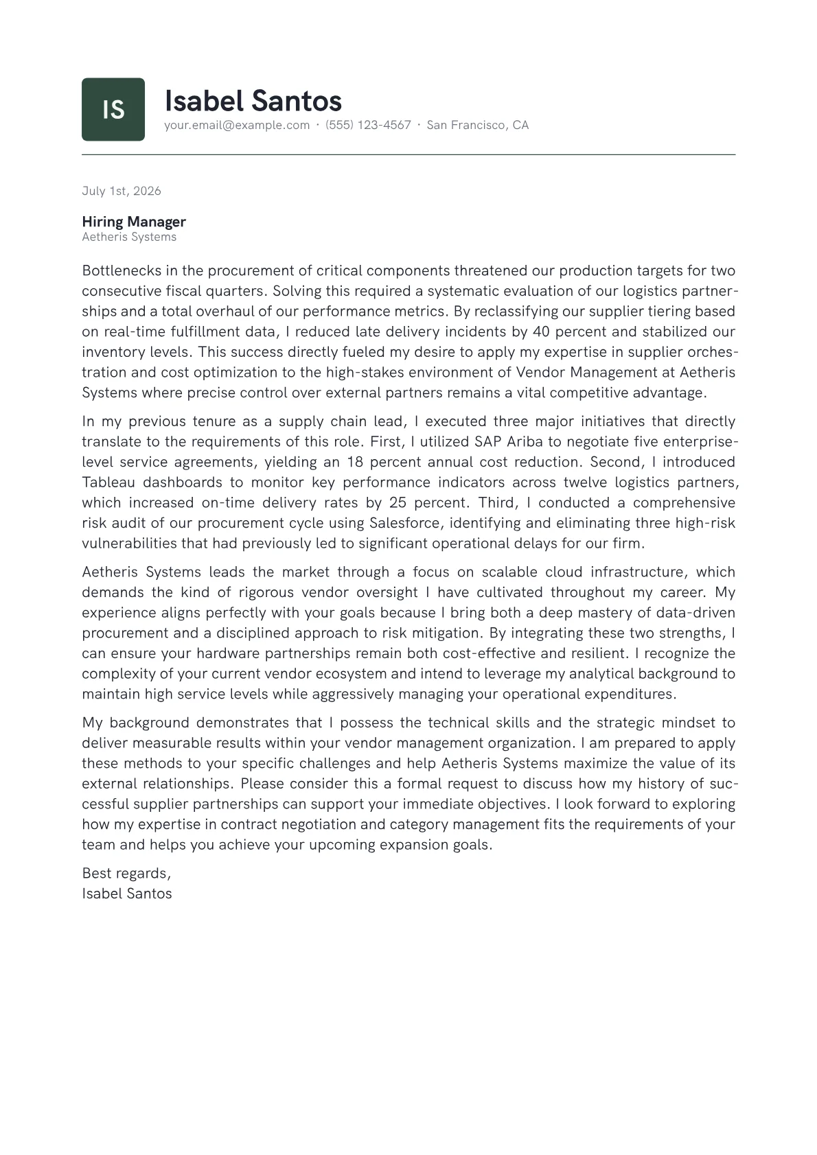 Vendor Manager cover letter in the Emblem design
