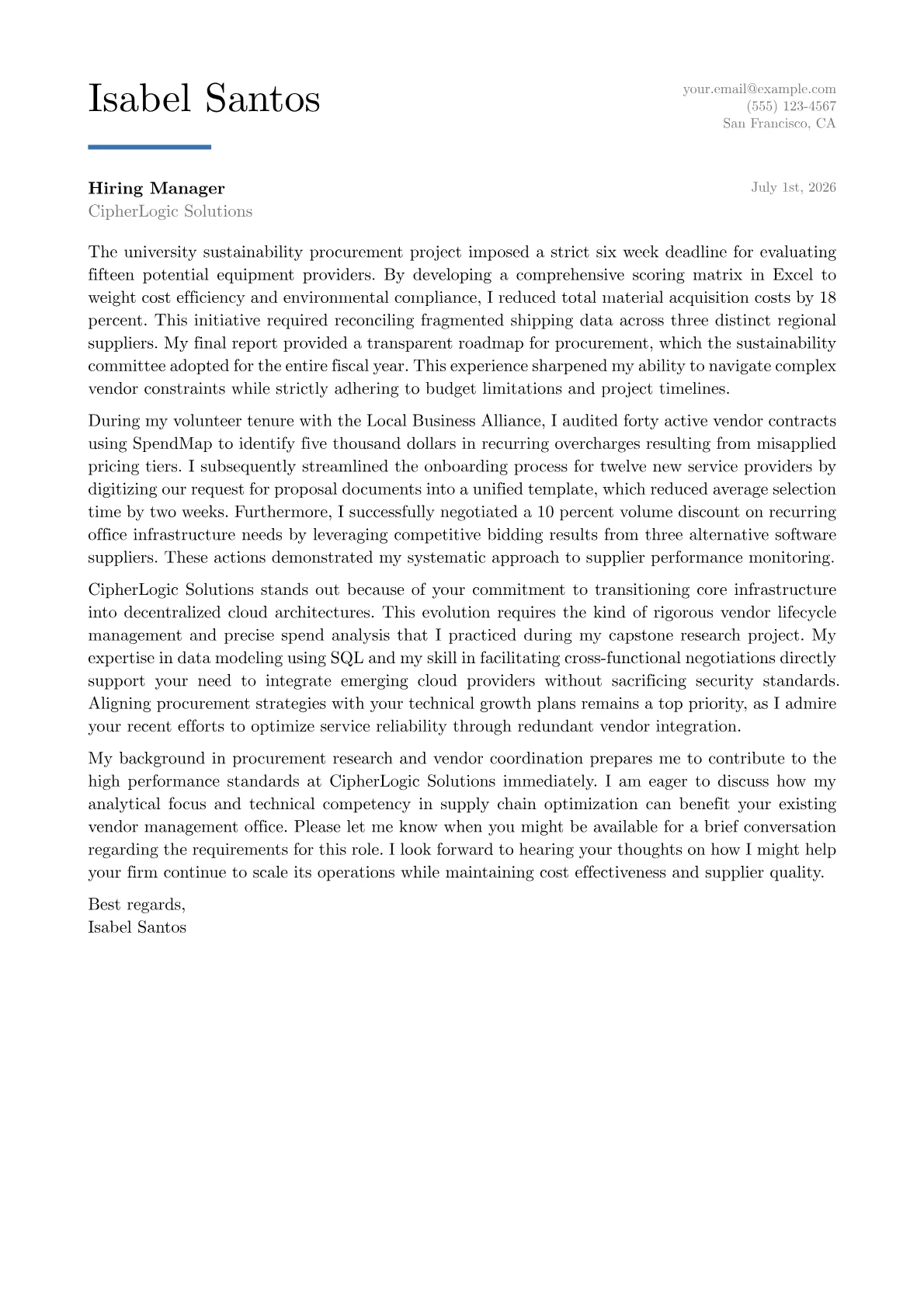 Vendor Manager cover letter in the Executive design