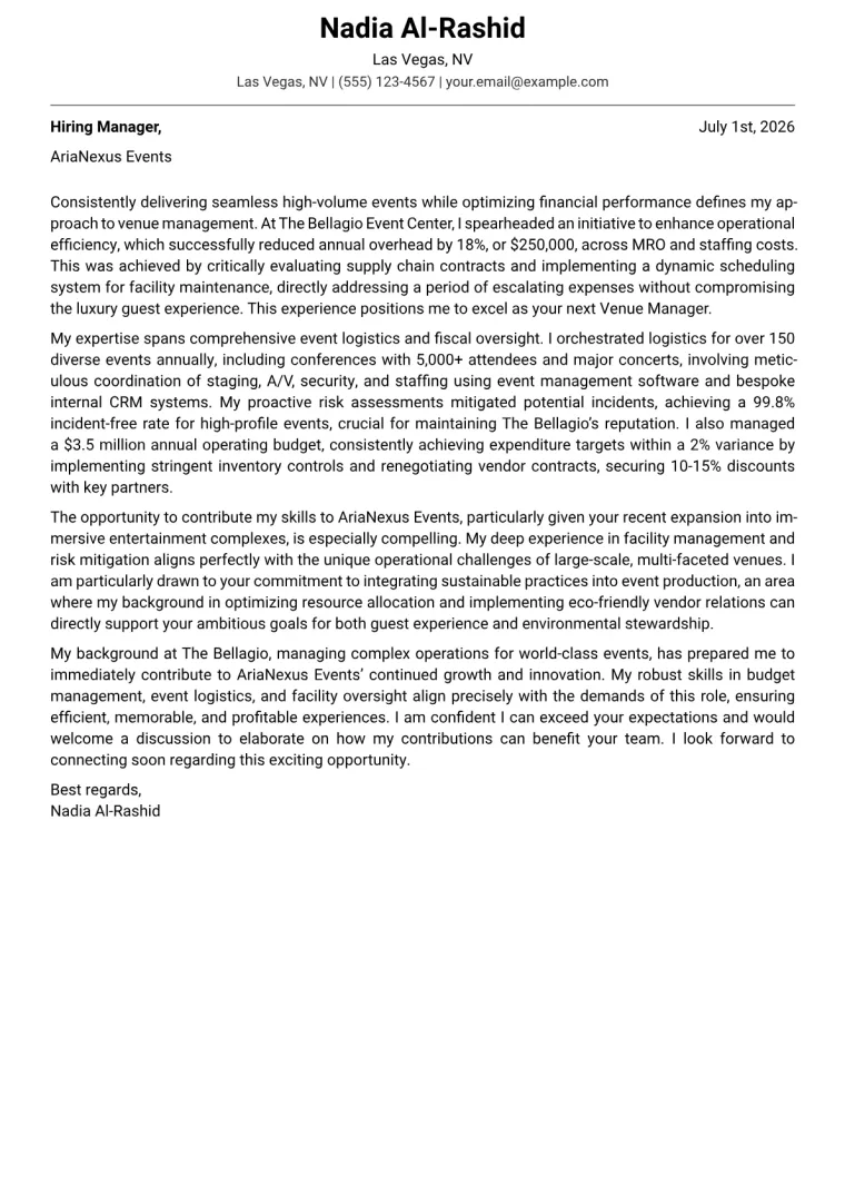 Venue Manager cover letter example preview