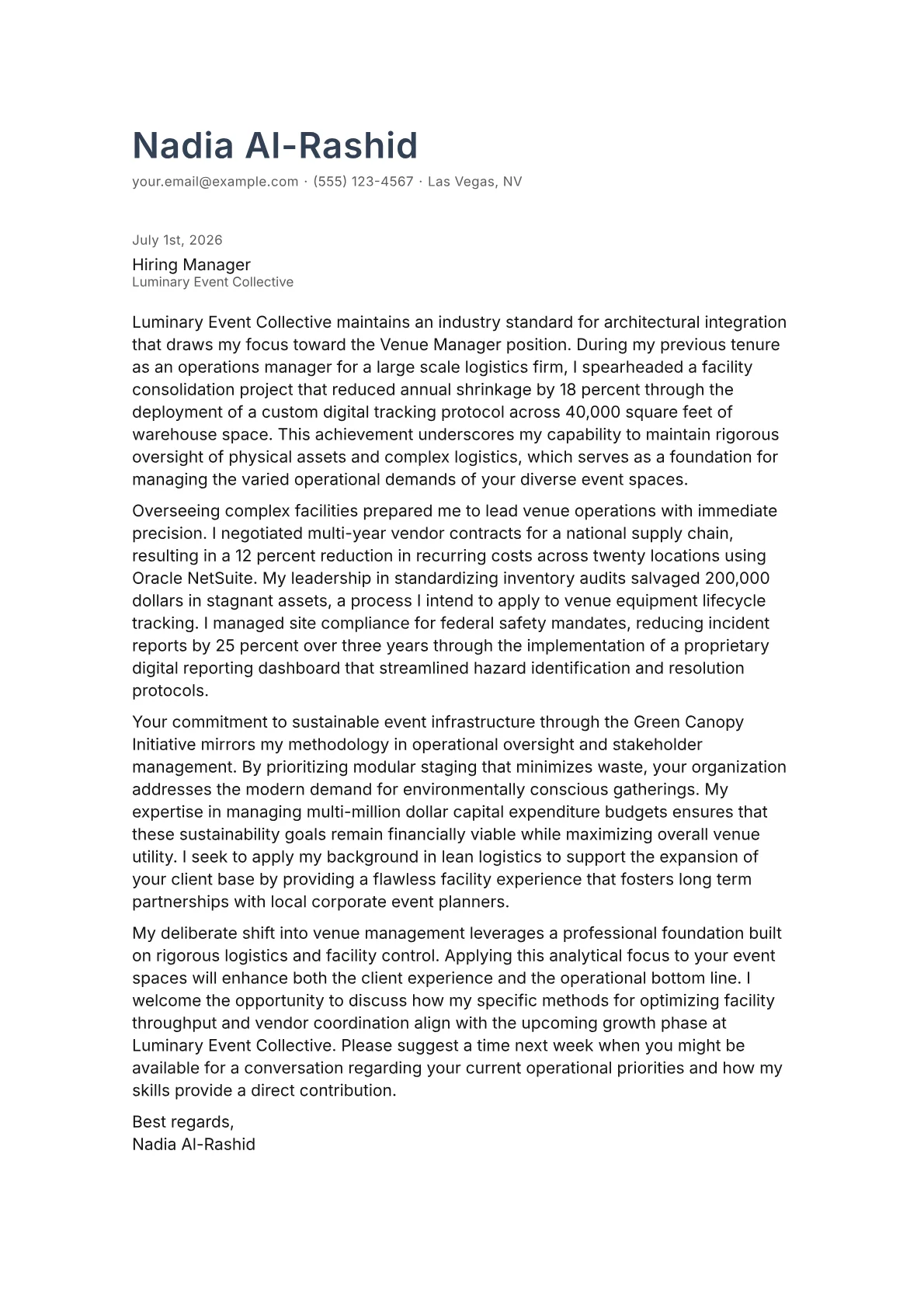 Venue Manager cover letter in the Minimal design