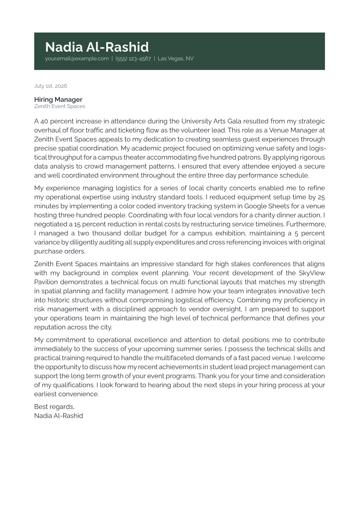 Venue Manager cover letter in the Banner design