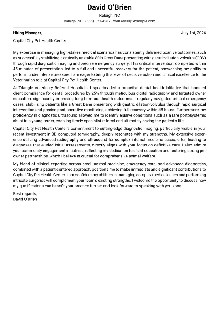 Veterinarian Cover Letter Example