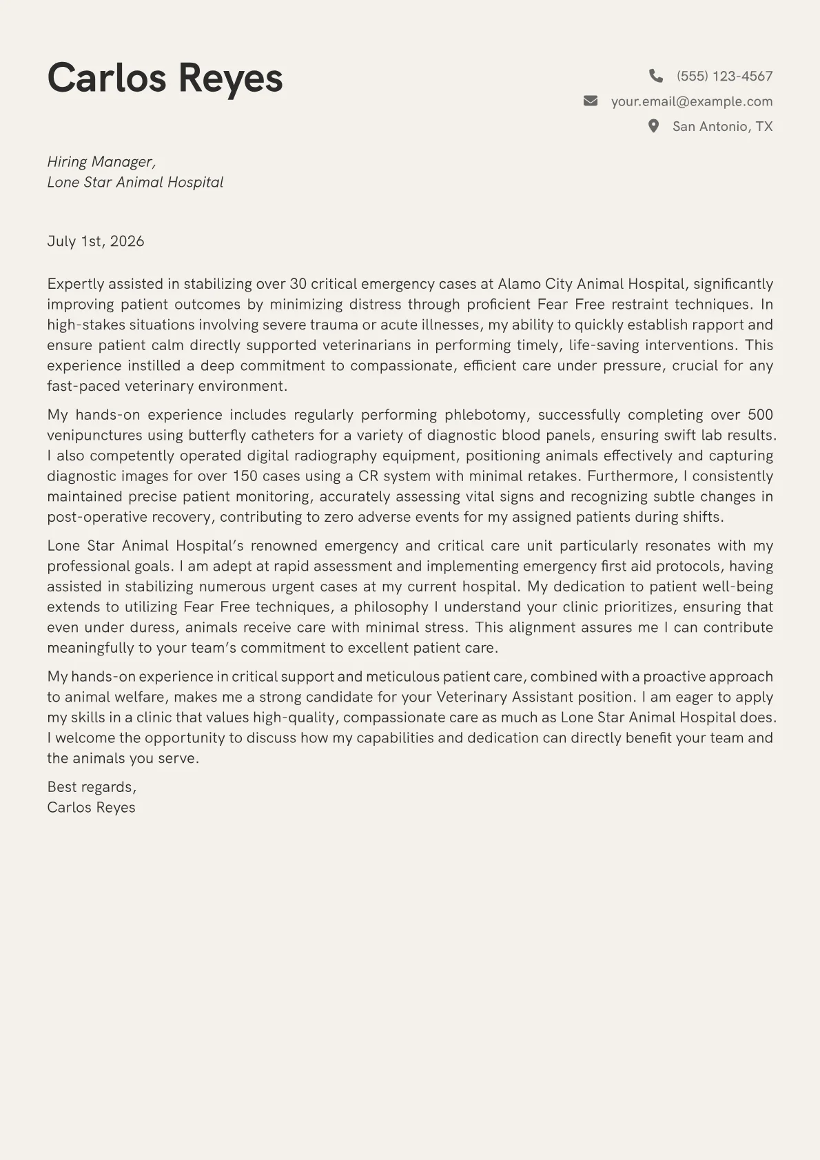 Veterinary Assistant cover letter formatted with a JobSprout template
