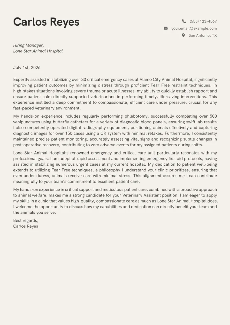 Veterinary Assistant Cover Letter Example