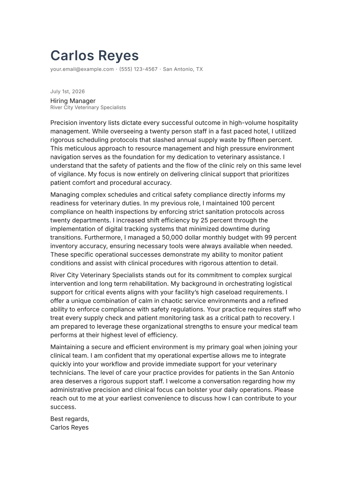 Veterinary Assistant cover letter in the Minimal design