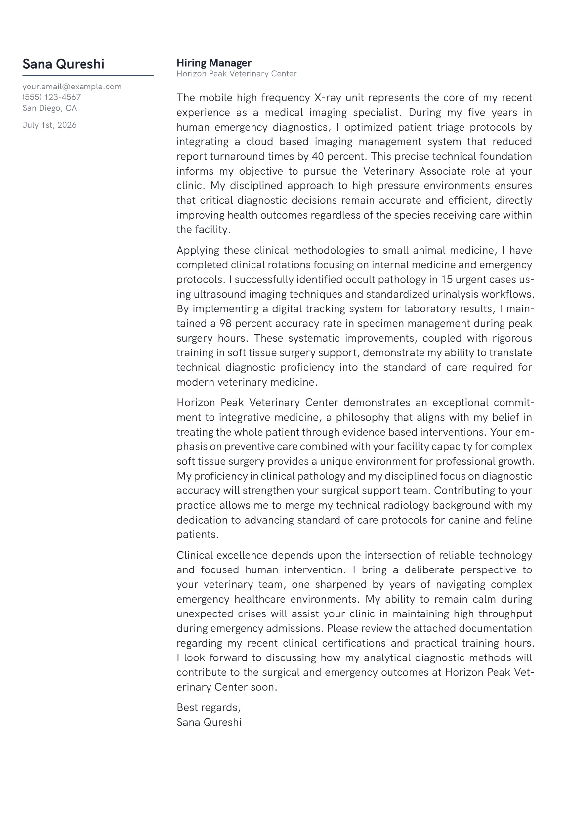 Veterinary cover letter in the Margin design