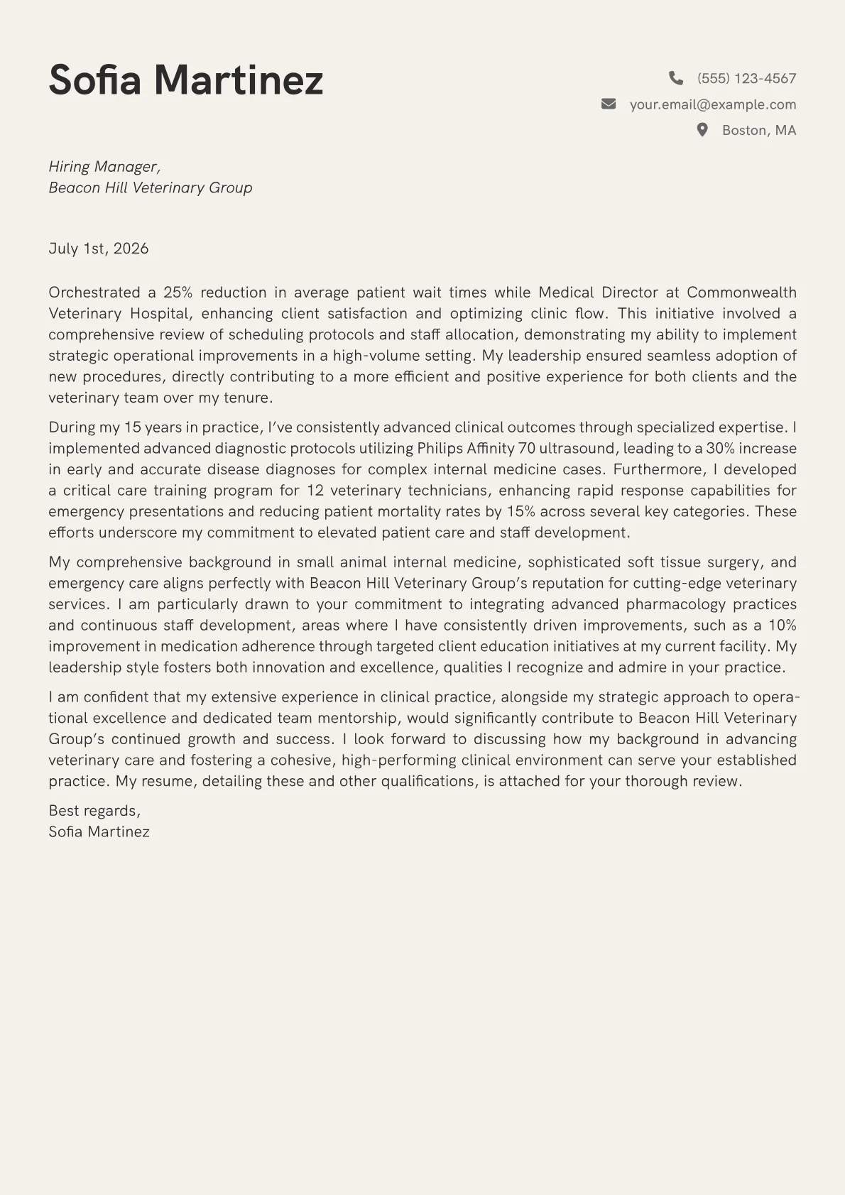 Veterinary Doctor cover letter formatted with a JobSprout template