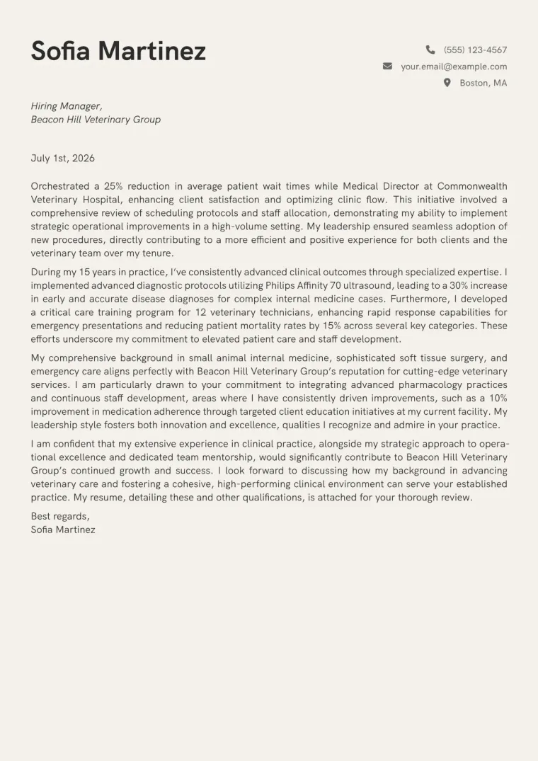 Veterinary Doctor cover letter example preview