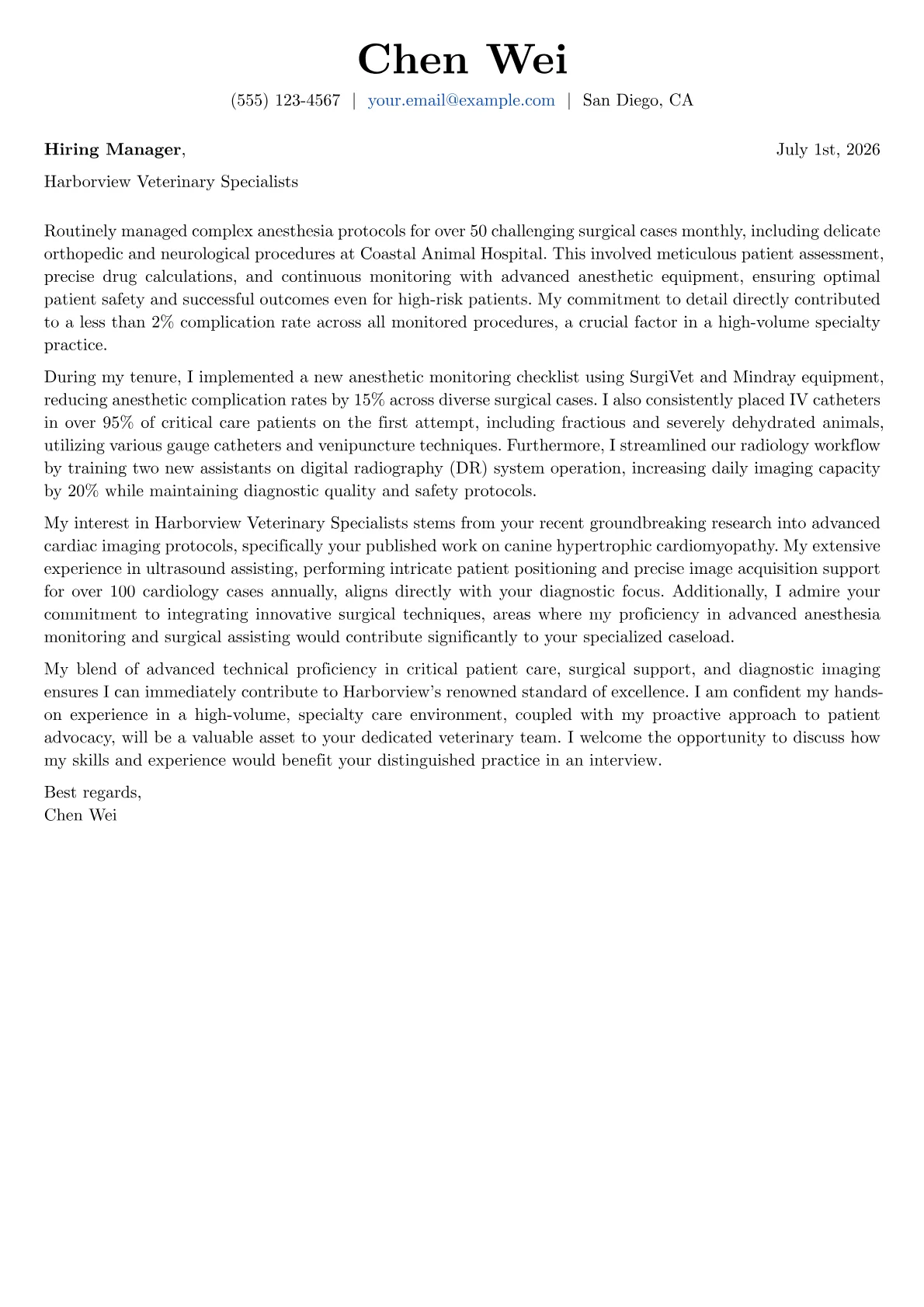Veterinary Nurse cover letter formatted with a JobSprout template