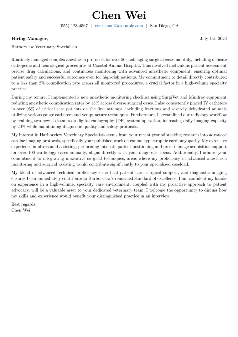 Veterinary Nurse Cover Letter Example
