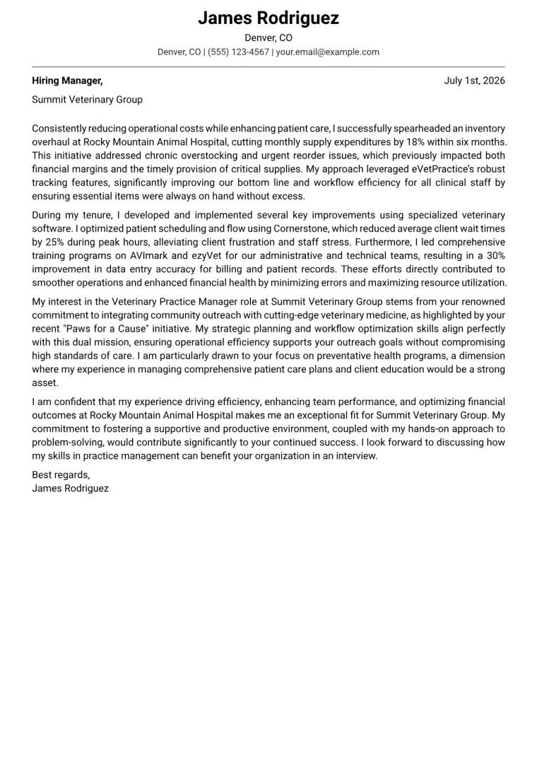 Veterinary Practice Manager Cover Letter Example