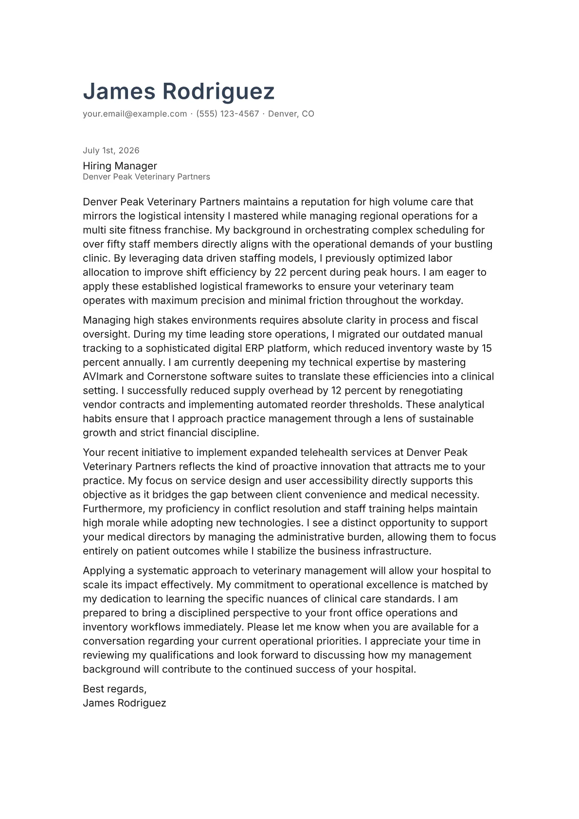 Veterinary Practice Manager cover letter in the Minimal design