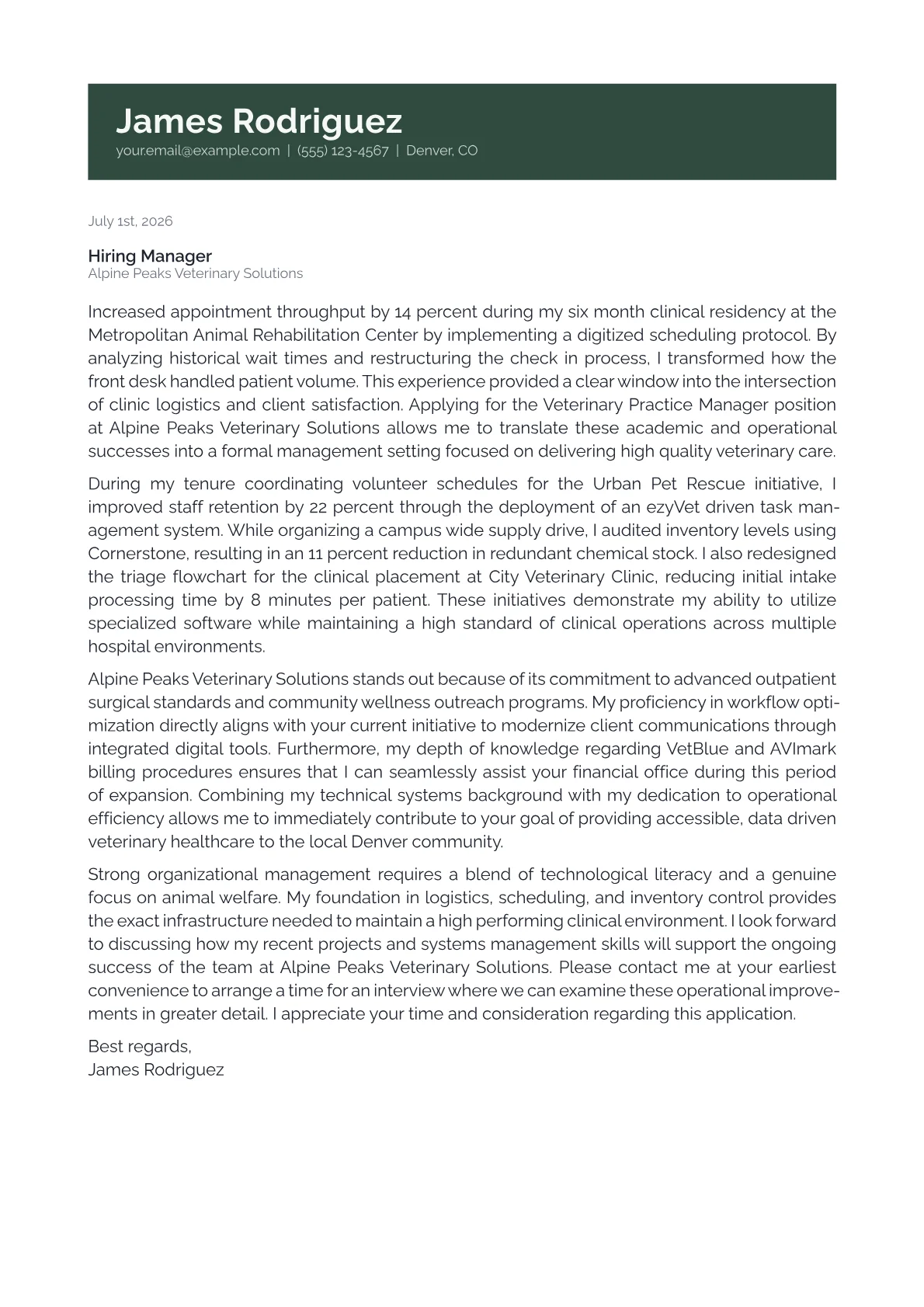 Veterinary Practice Manager cover letter in the Banner design