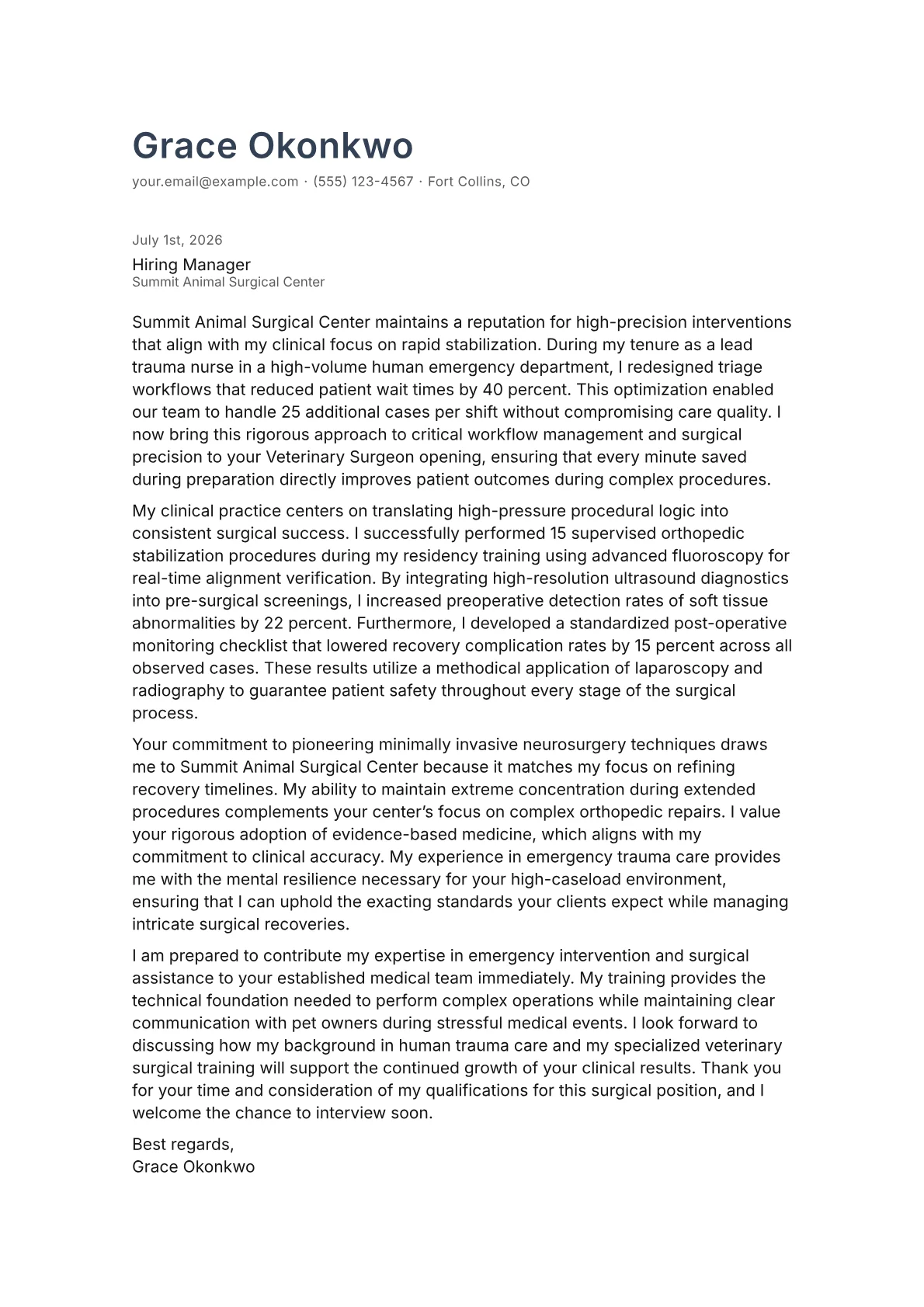 Veterinary Surgeon cover letter in the Minimal design