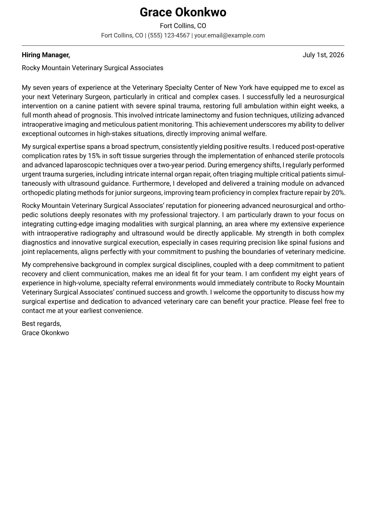 Veterinary Surgeon cover letter formatted with a JobSprout template
