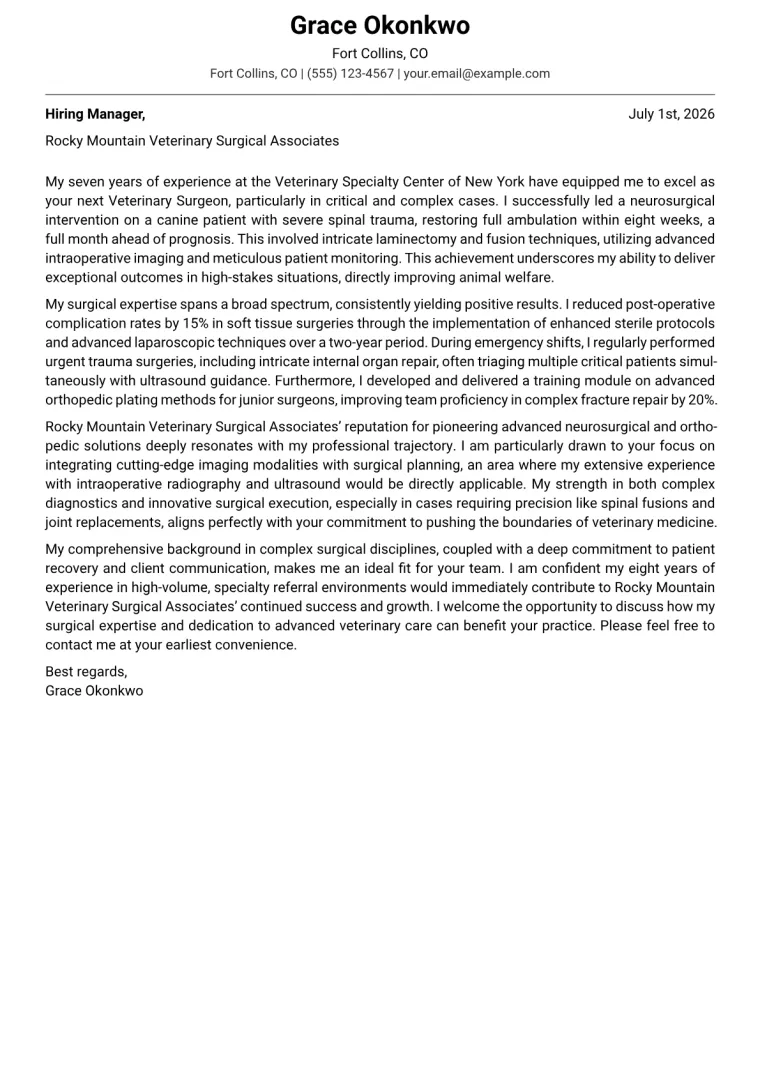 Veterinary Surgeon cover letter example preview