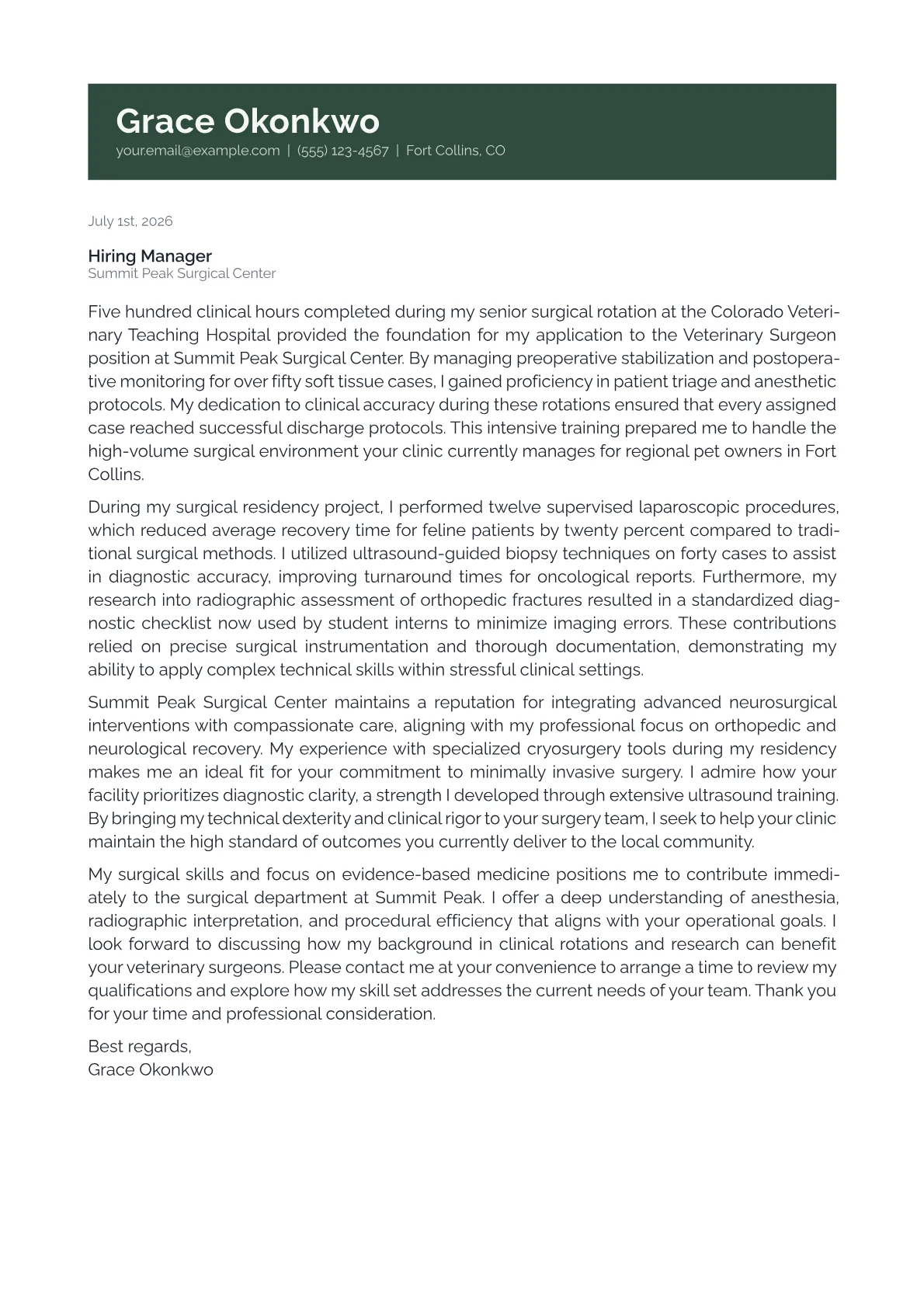 Veterinary Surgeon cover letter in the Banner design