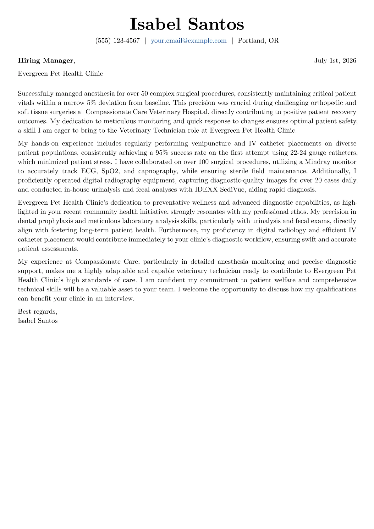 Veterinary Technician cover letter formatted with a JobSprout template