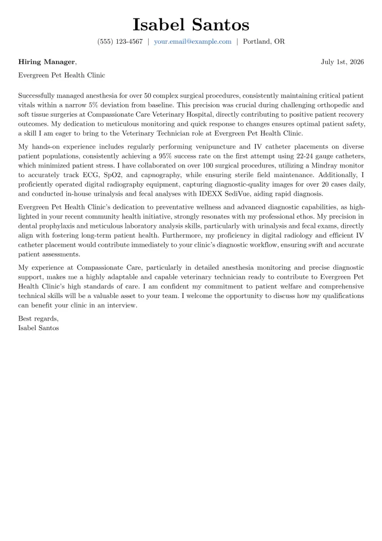 Veterinary Technician Cover Letter Example