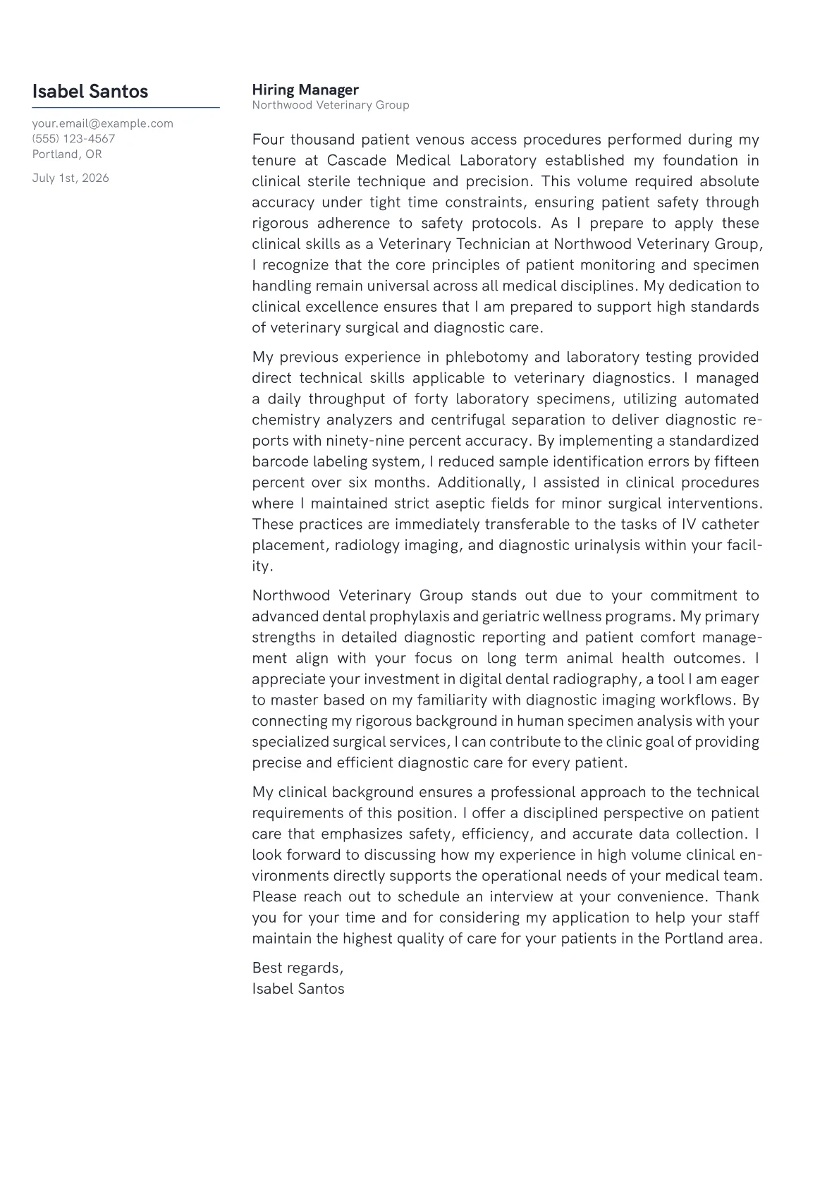 Veterinary Technician cover letter in the Margin design