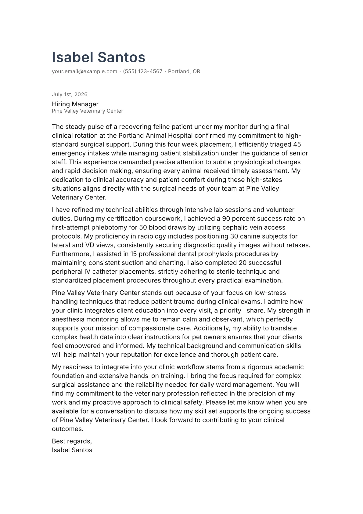 Veterinary Technician cover letter in the Minimal design