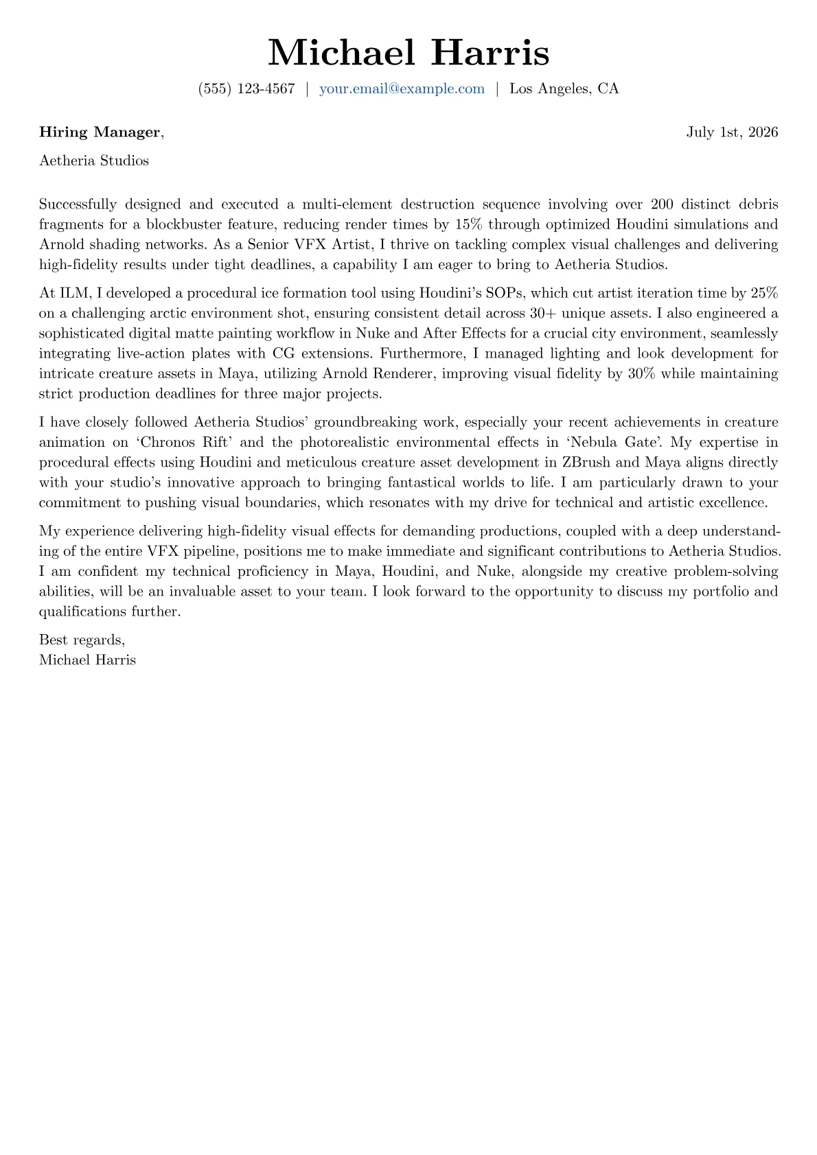 VFX Artist cover letter formatted with a JobSprout template