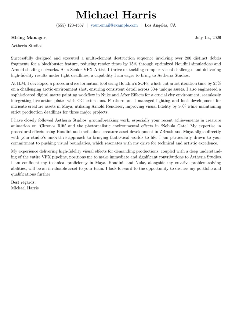 VFX Artist Cover Letter Example