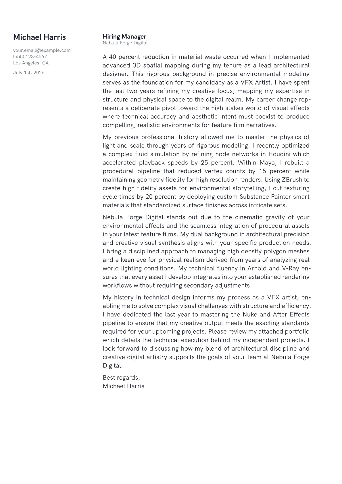 VFX Artist cover letter in the Margin design