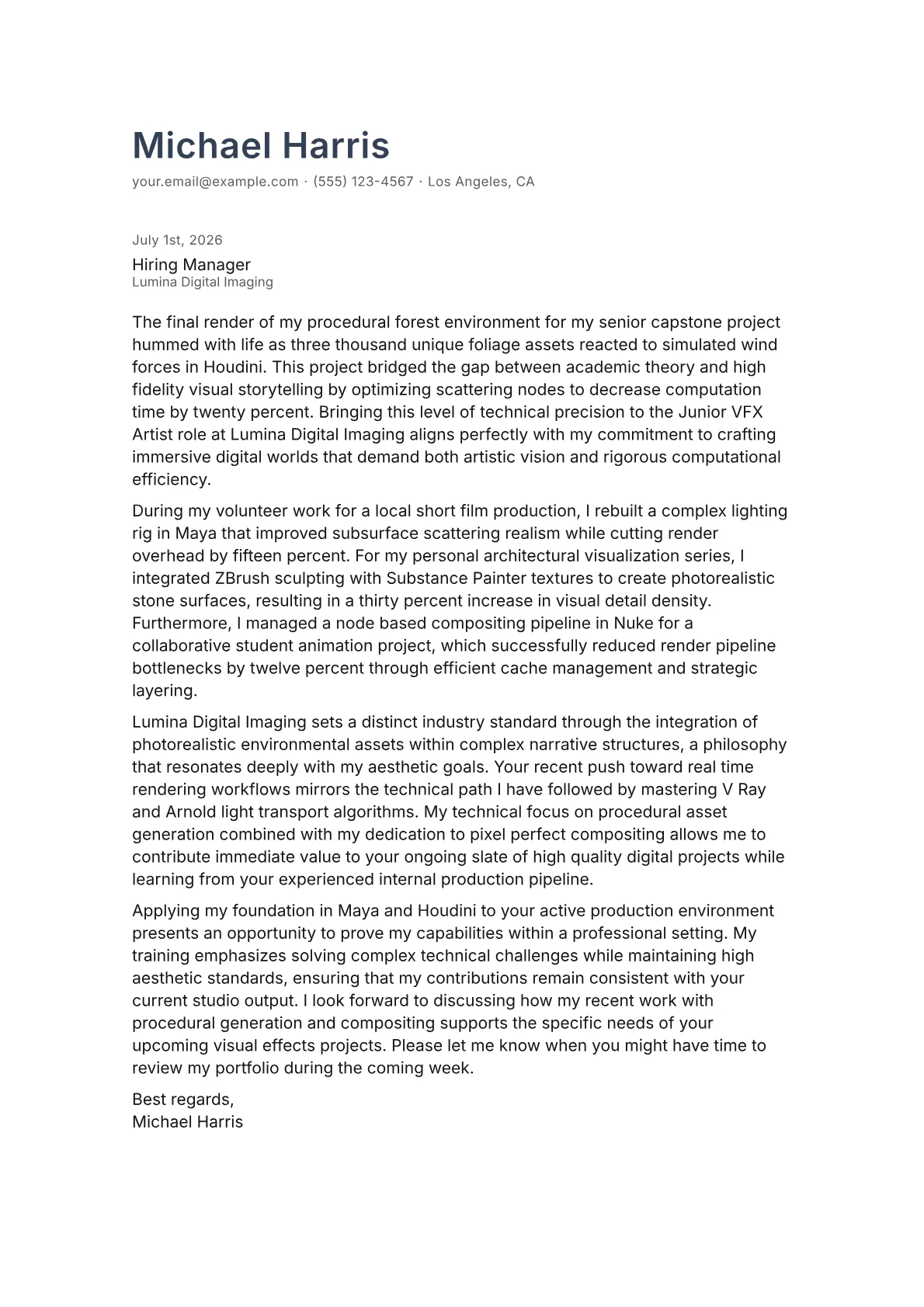VFX Artist cover letter in the Minimal design