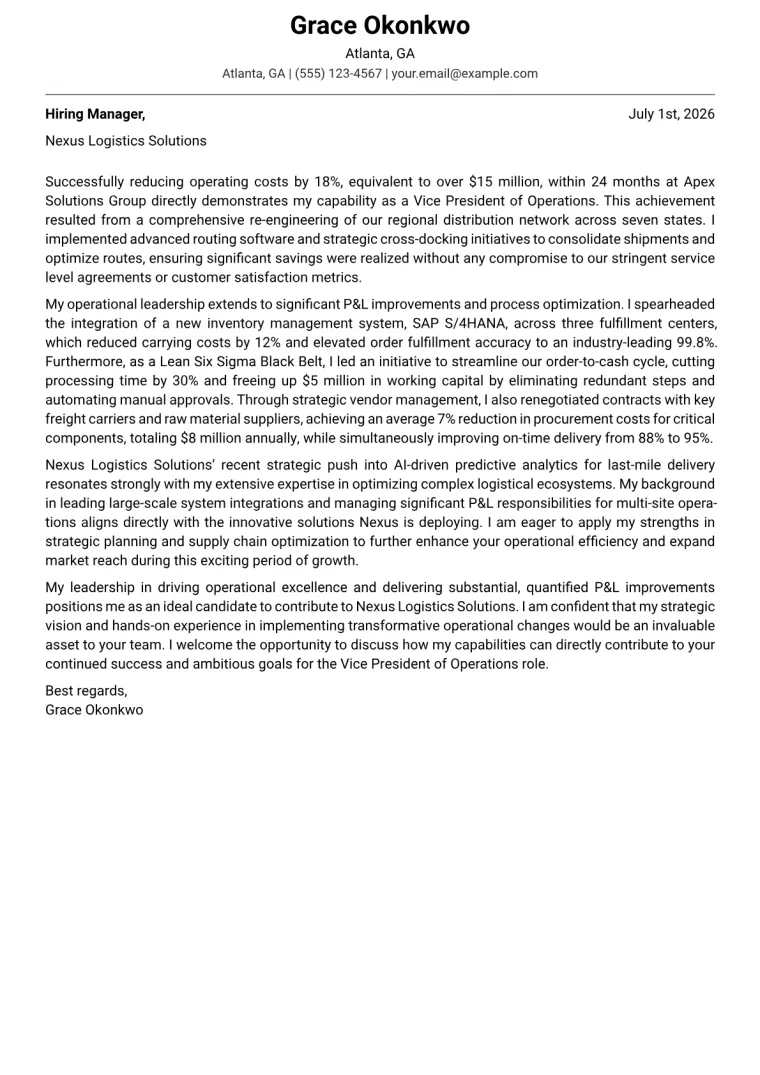 Vice President of Operations cover letter example