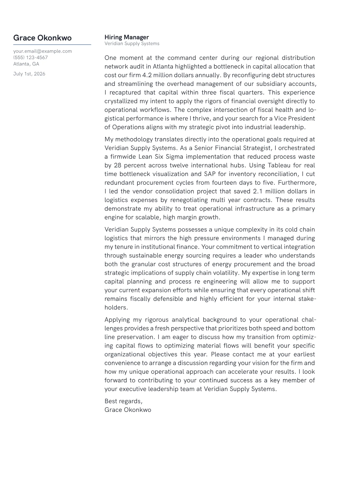 Vice President of Operations cover letter in the Margin design