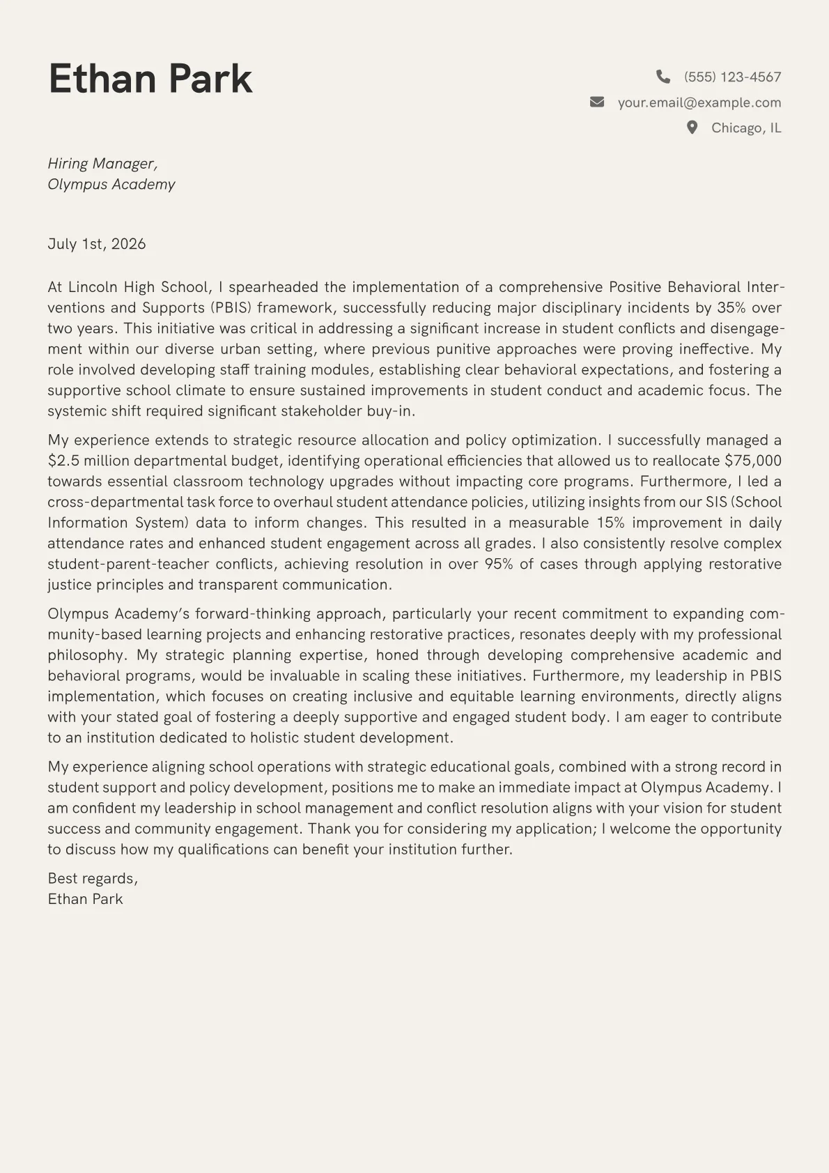 Vice Principal cover letter formatted with a JobSprout template