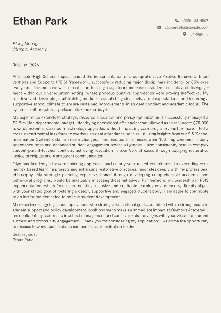 Vice Principal Cover Letter Example