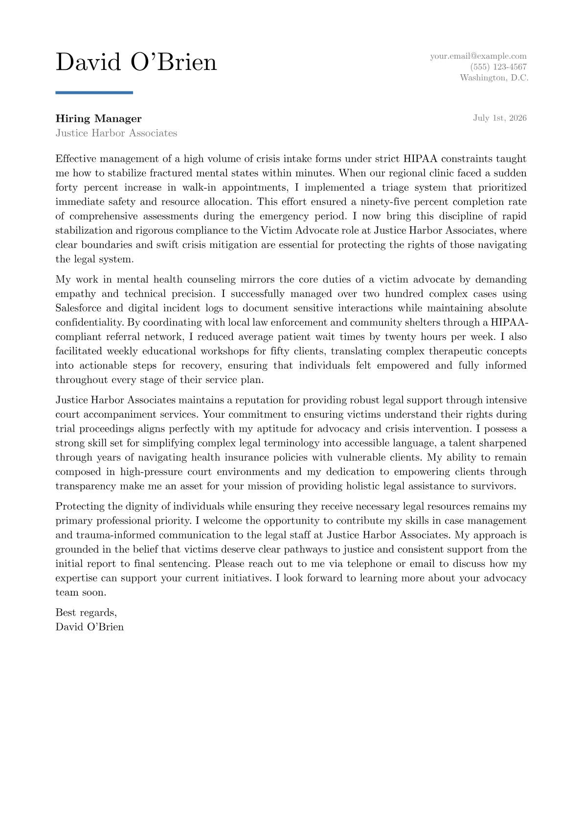 Victim Advocate cover letter in the Executive design
