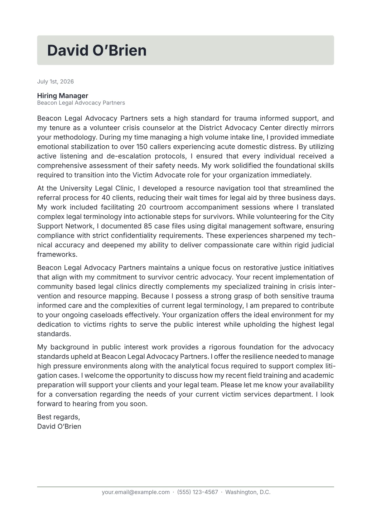 Victim Advocate cover letter in the Letterhead design