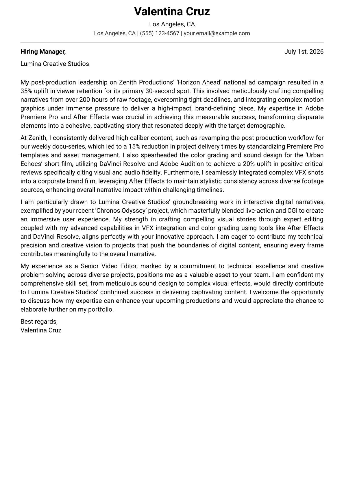 Video Editor cover letter formatted with a JobSprout template