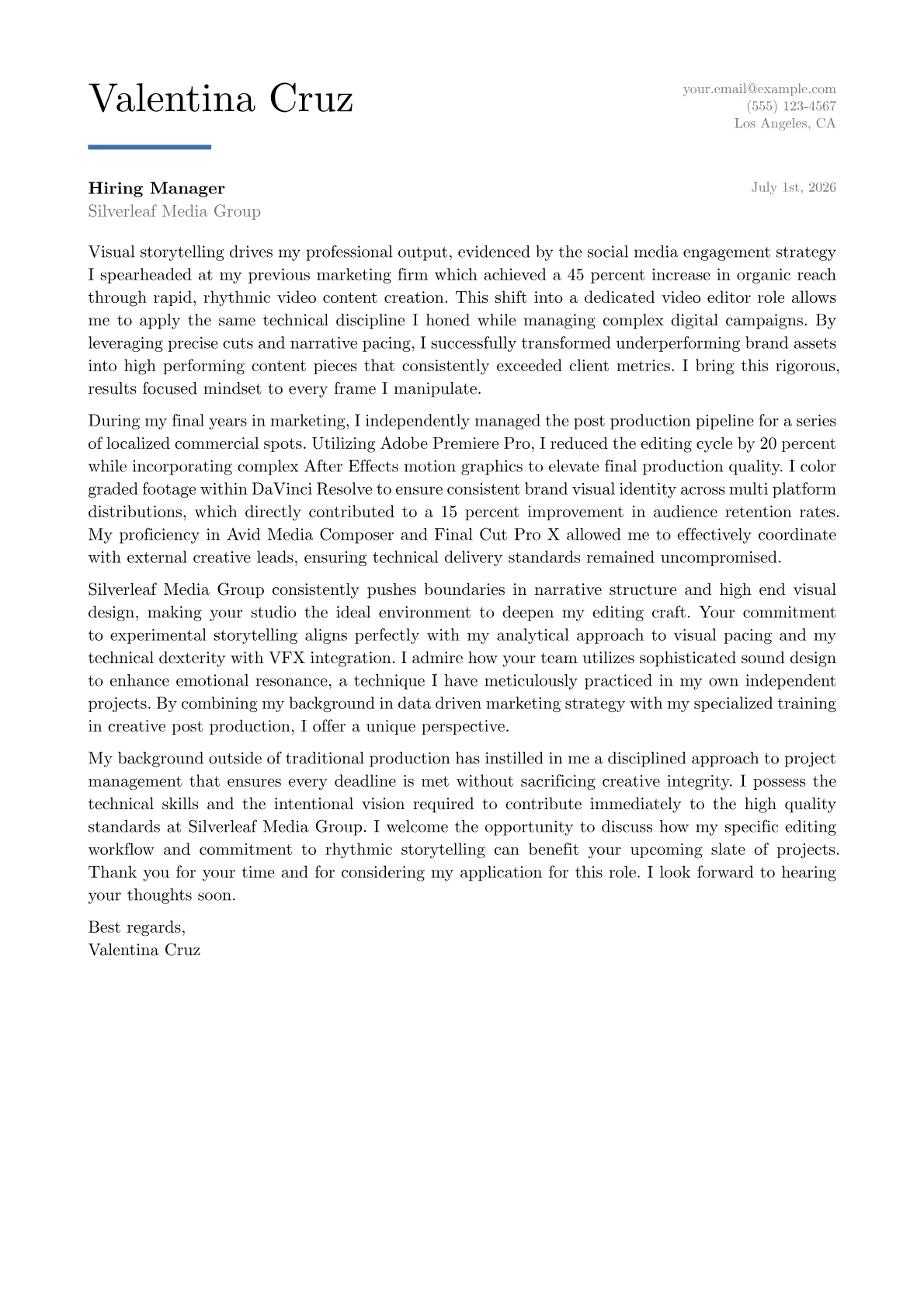 Video Editor cover letter in the Executive design