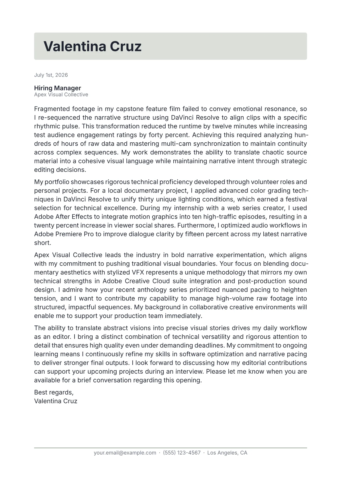 Video Editor cover letter in the Letterhead design