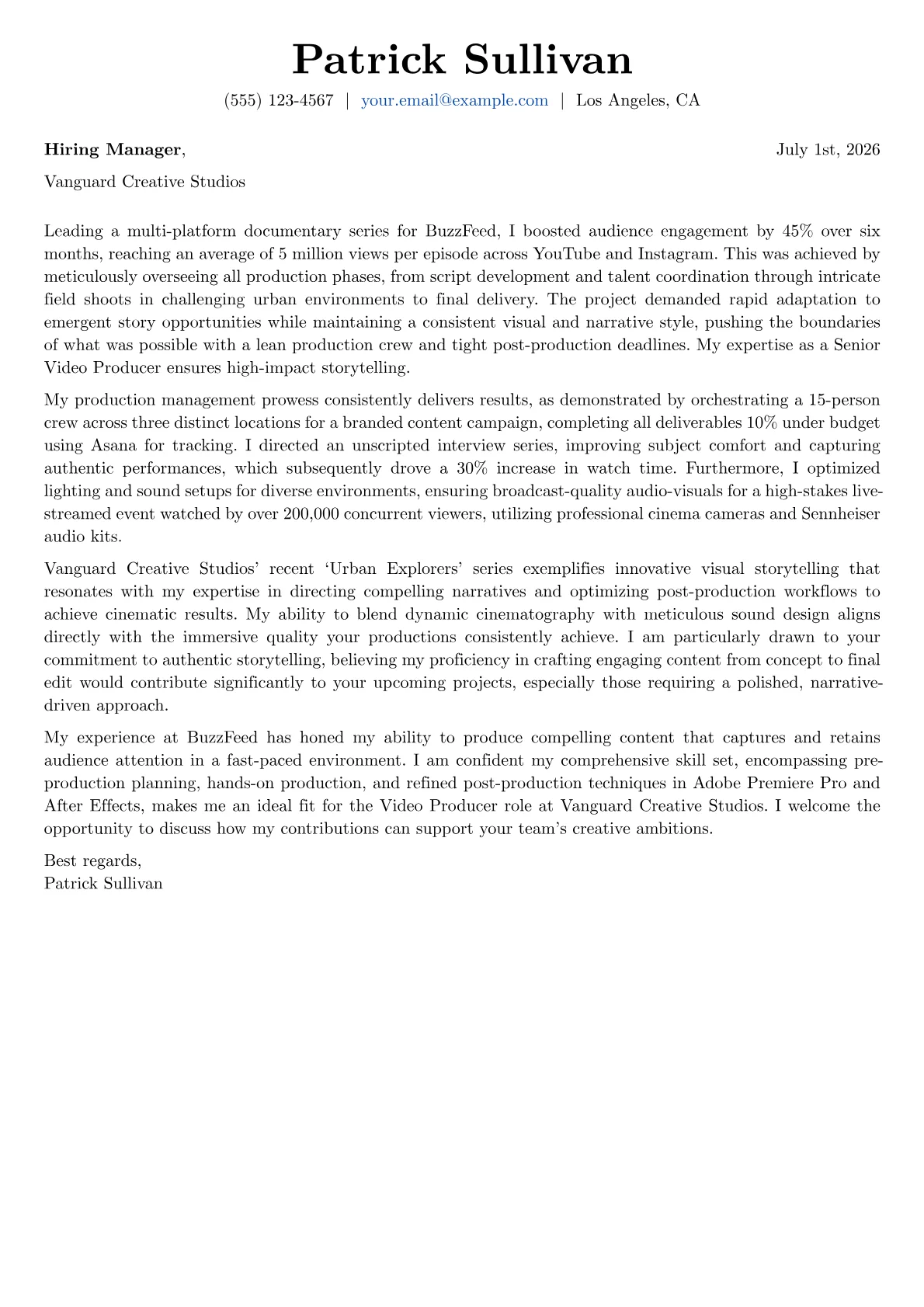Video Producer cover letter formatted with a JobSprout template