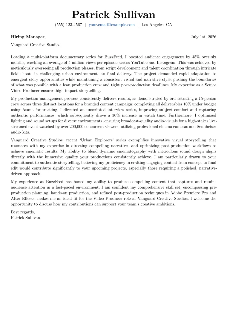 Video Producer cover letter example preview