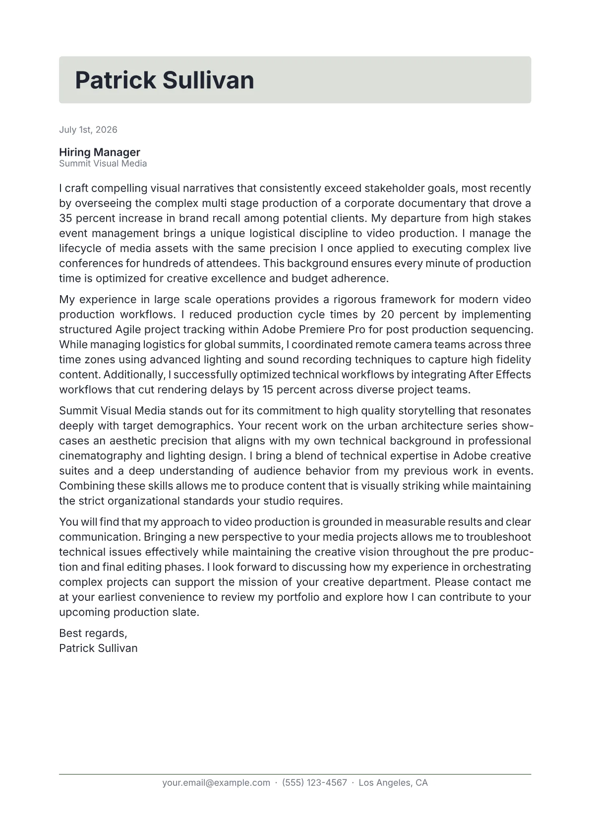 Video Producer cover letter in the Letterhead design