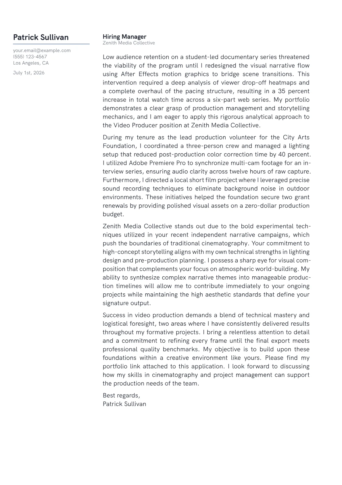 Video Producer cover letter in the Margin design