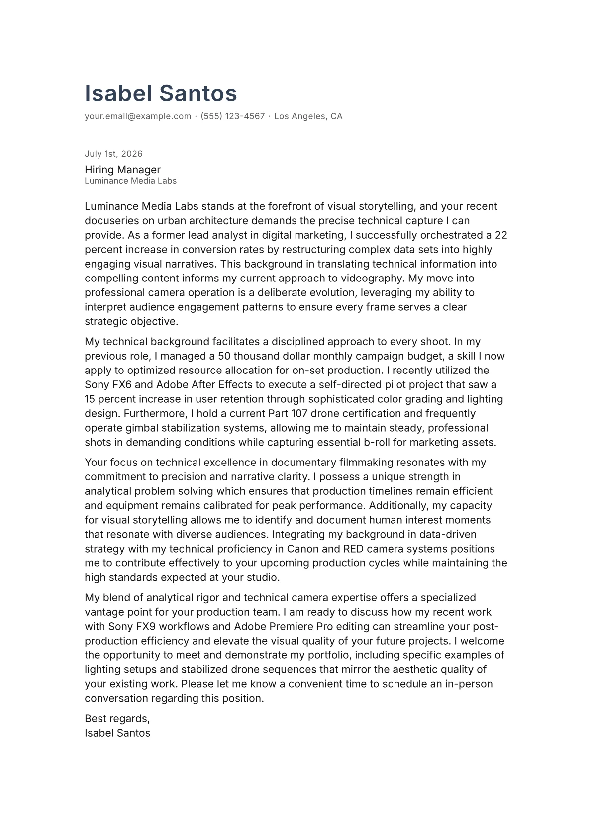 Videographer cover letter in the Minimal design