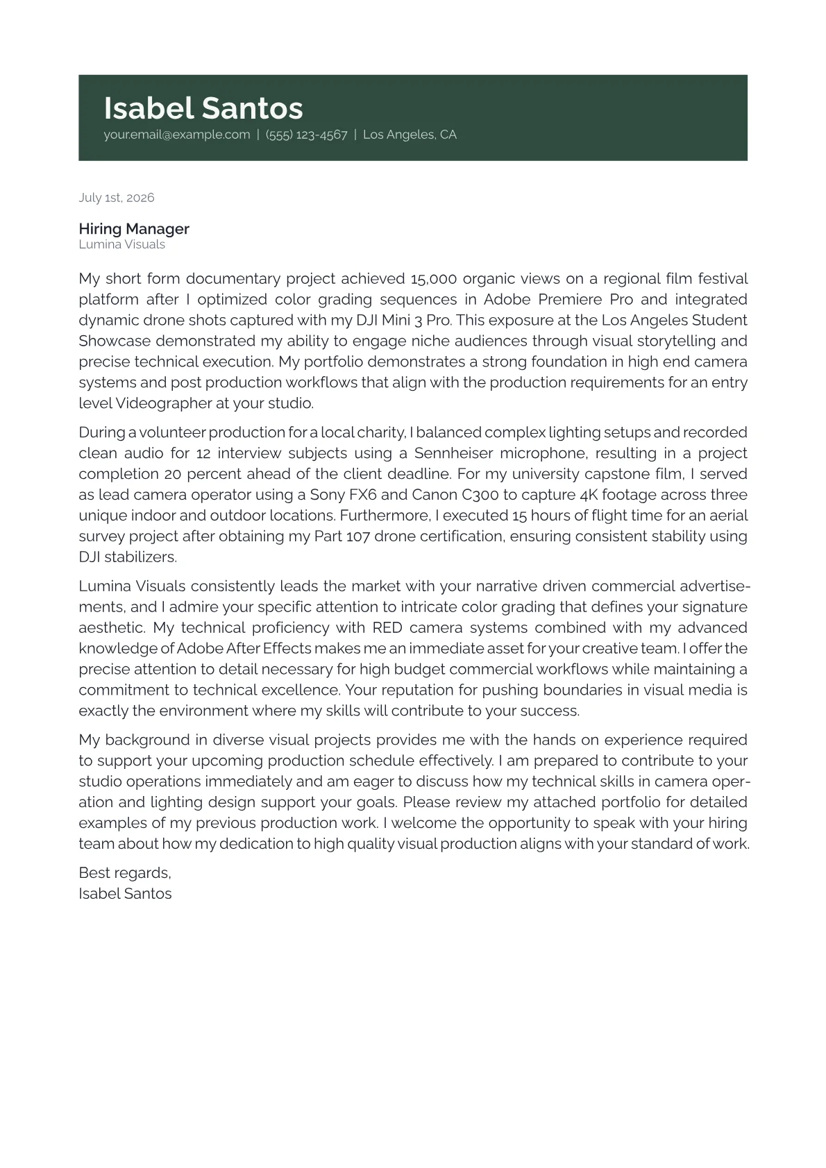 Videographer cover letter in the Banner design